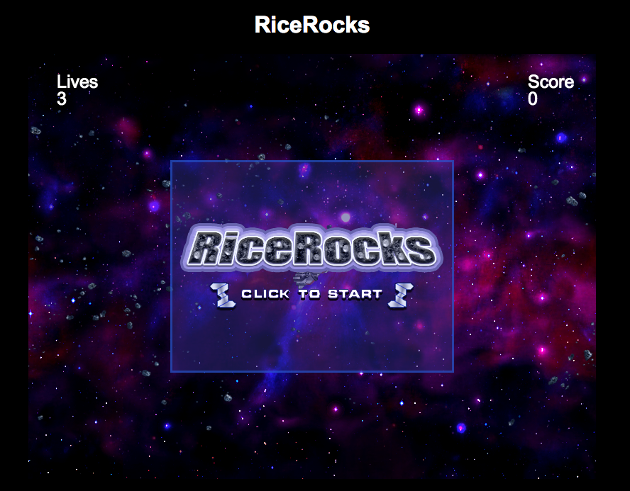 Screenshot of my implementation of RiceRocks in JavaScript